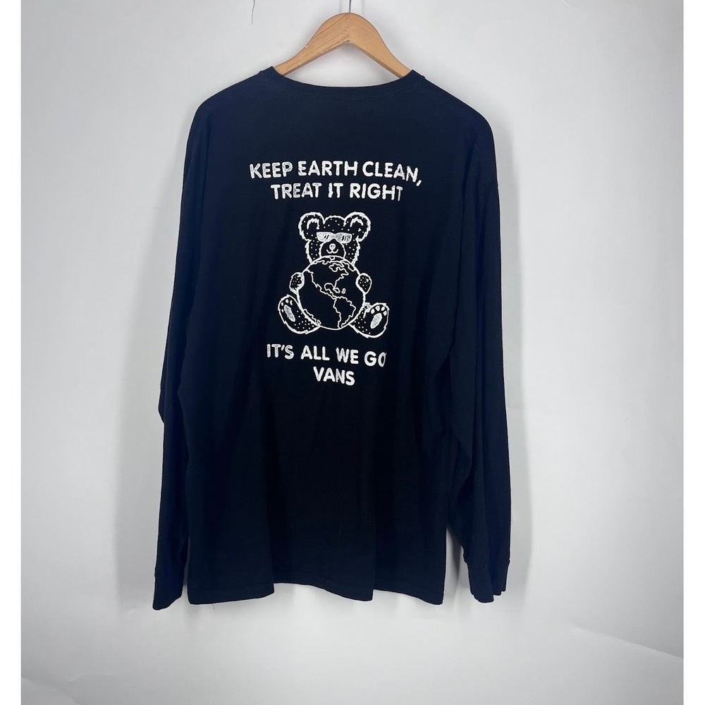 Vans Mens XL Black Keep Earth Clean Bear Graphic Long Sleeve T-Shirt Classic Fit